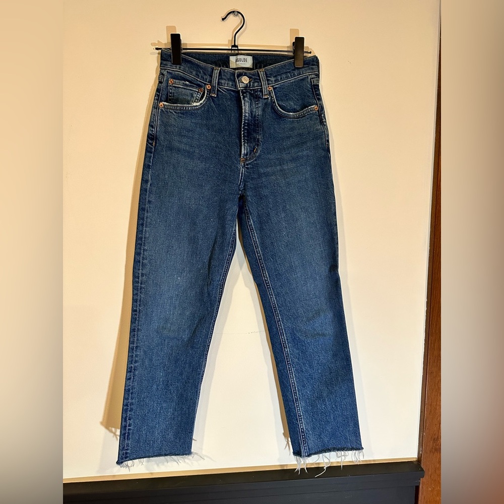Agolde Kye Dark Blue Raw Hem Mid Rise Straight Leg Jeans